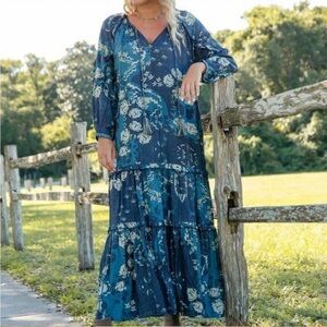 Natural Life Blue Floral Maxi Tiered Peasant Flowy Long Sleeve Dress Size XS